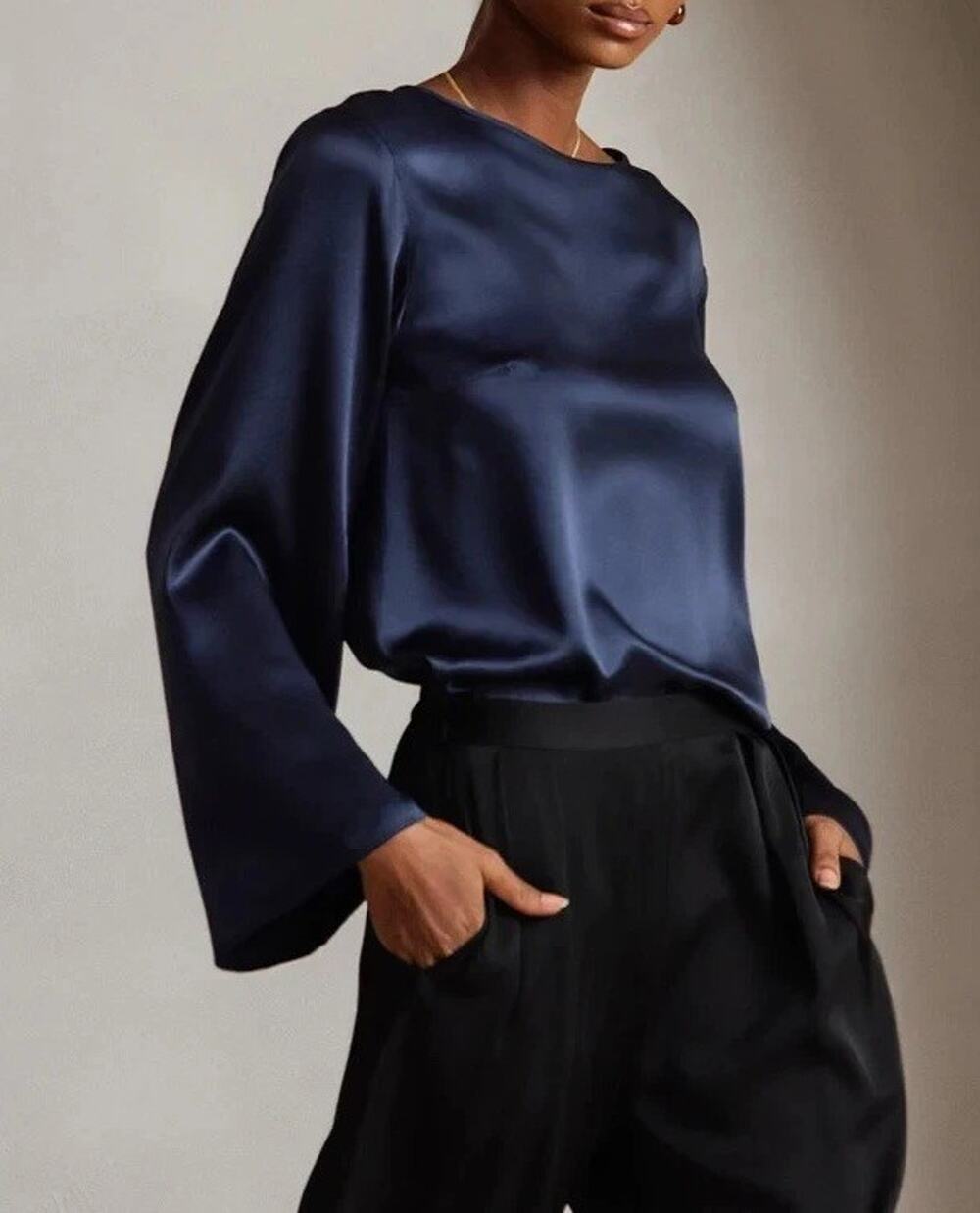 SILKSILKY 19 100% Mulberry Momme Silk Bell Sleeve Boat Neck Top M A010610